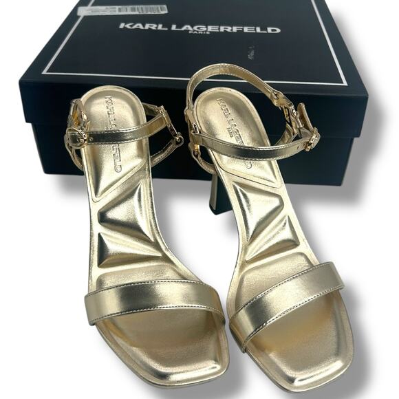Karl Lagerfeld Gold Strappy Heels Size 8 Metallic Ankle Strap High Stiletto EUC - Picture 4 of 13